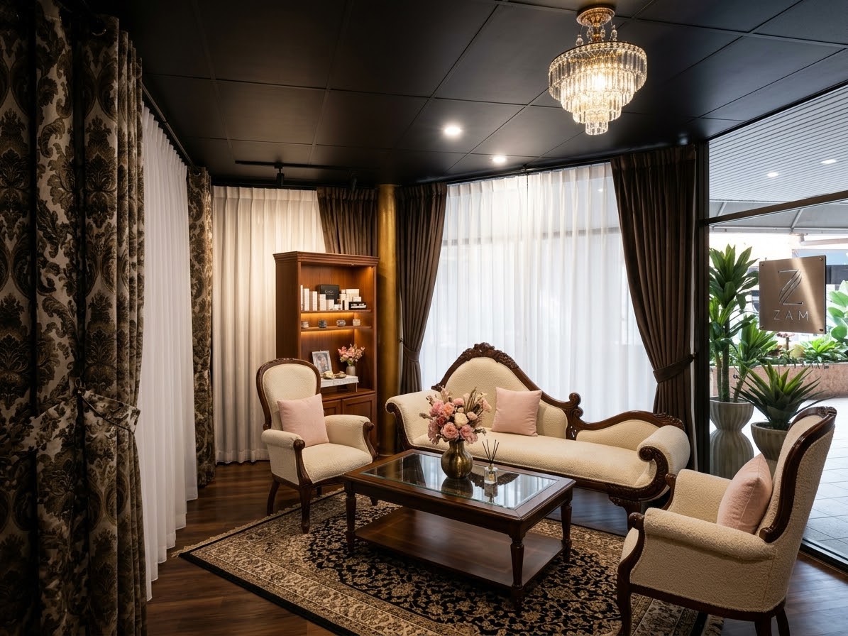 The lounge with its chandelier and cream sofas